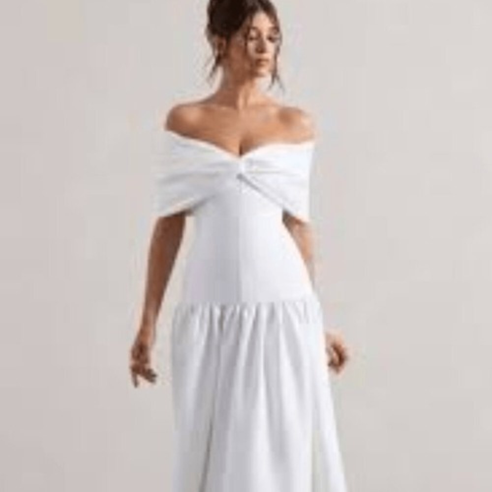 Club L London White Off Shoulder Twist Neck Drop Waist Midi Dress US 12 NEW